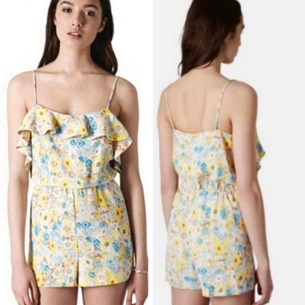 Topshop Floral Romper Shirts Pastel Multi Color Ruffles Straps Shorts Jumpsuit - Picture 1 of 7